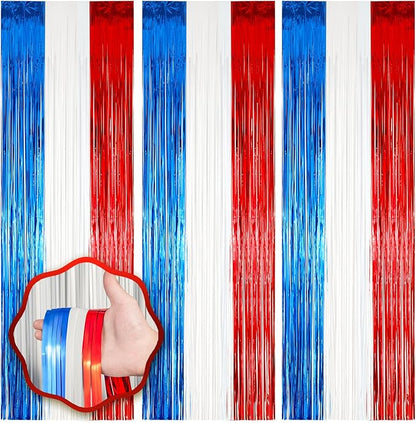 Voircoloria Red White Blue Foil Fringe Backdrop Curtains, 3 Pack | Tinsel by Voircoloria