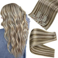 Full Shine Clip in Hair Extensions Real Human Hair Ash Brown with Platinum Blonde Highlights Seamless Clip in Extensions for Women 14 Inch 8 PCS 120 G
