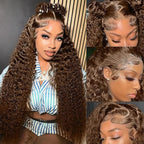 250% Density 13x6 FULL SKINLIKE HD Chocolate Brown Deep Curly lace front wigs Pre Plucked Real 0.10mm Ultra-thin Invisible Water Wave HD Lace Front Wigs Human Hair Small Knots Full Virgin Hair 26 Inch