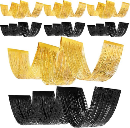 8 Pcs 15ft Gold Black Metallic Foil Ceiling Fringe Curtains, Graduation Party by Breling