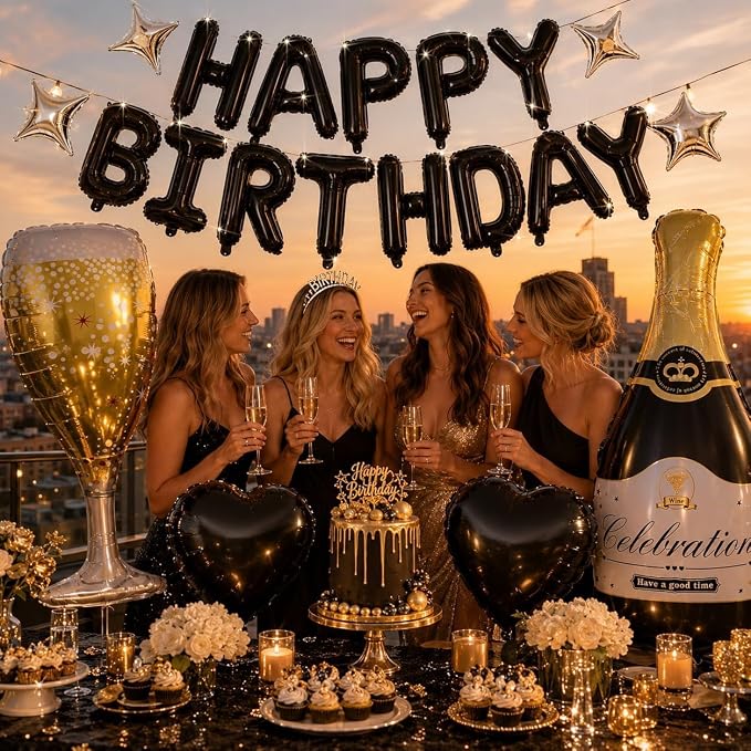 Black Happy Birthday Balloons Banner, Champagne Bottle Glass Balloon - Image 4