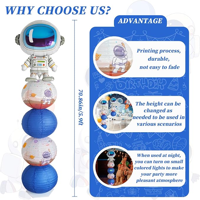 Astronaut Balloon Stand & Paper Lantern 2 Sets 5.9ft Telescopic Space Party | - Image 3