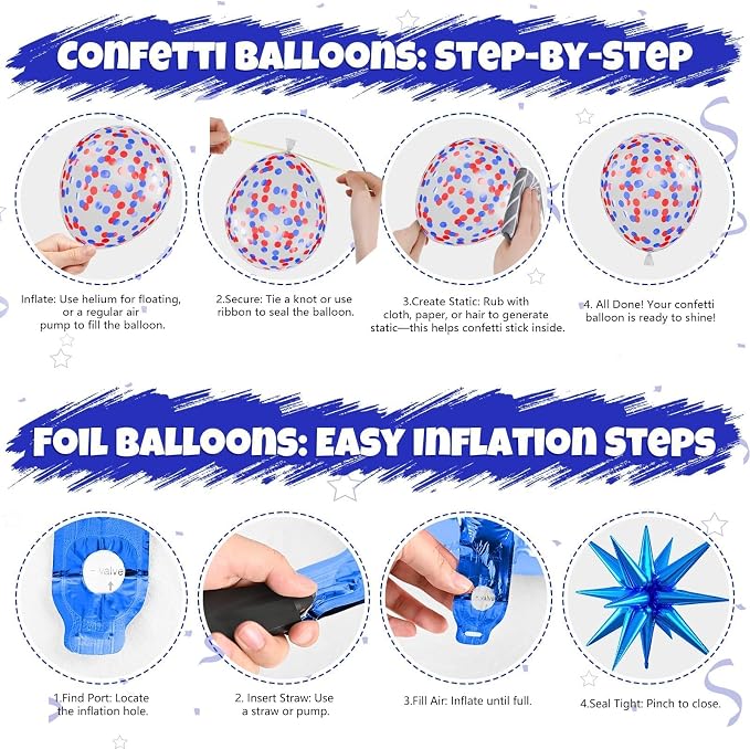 Red Blue Black Balloons, 12 Inch Royal Blue Red Black Metallic Silver Confetti - Image 3