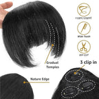 Yaki Straight Bangs Hair Extensions for Women Natural Black Synthetic Fringe with Temples Handmade Kinky Straight Bangs Hairpiece with 3 Clips in (1B)