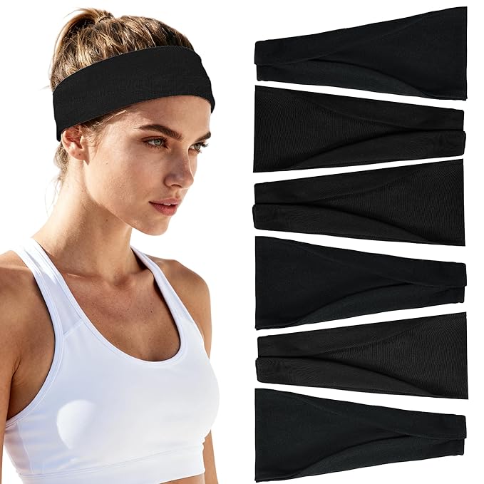 Black Headbands for Women Non-Slip Elastic Hair Bands, 6 Pack Stretchy Soft Cloth Sweat Bands, Fabric Workout Headband, Fashion Head Bands for Yoga Running Sports