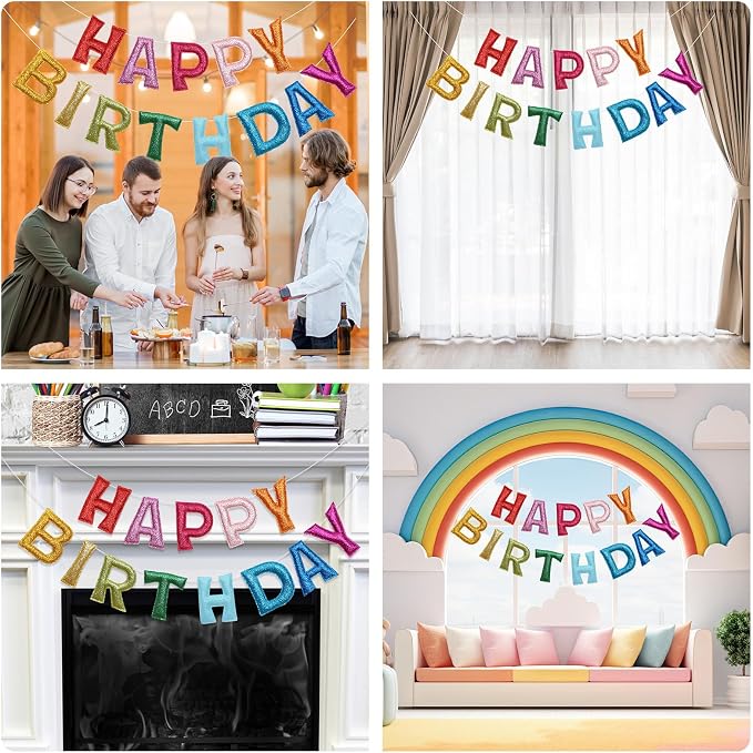 Tegeme Felt Happy Birthday Banner, Pre-strung Glitter Happy Birthday Garland - Image 3