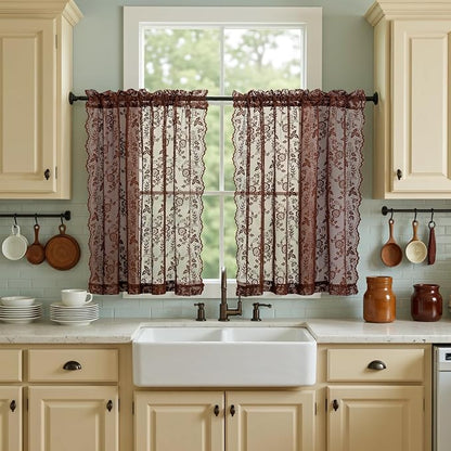 Chestnut Brown Sheer Lace Curtains Leaf Floral W42 x L45 Inch, 2 Panels | Rod by FINECITY