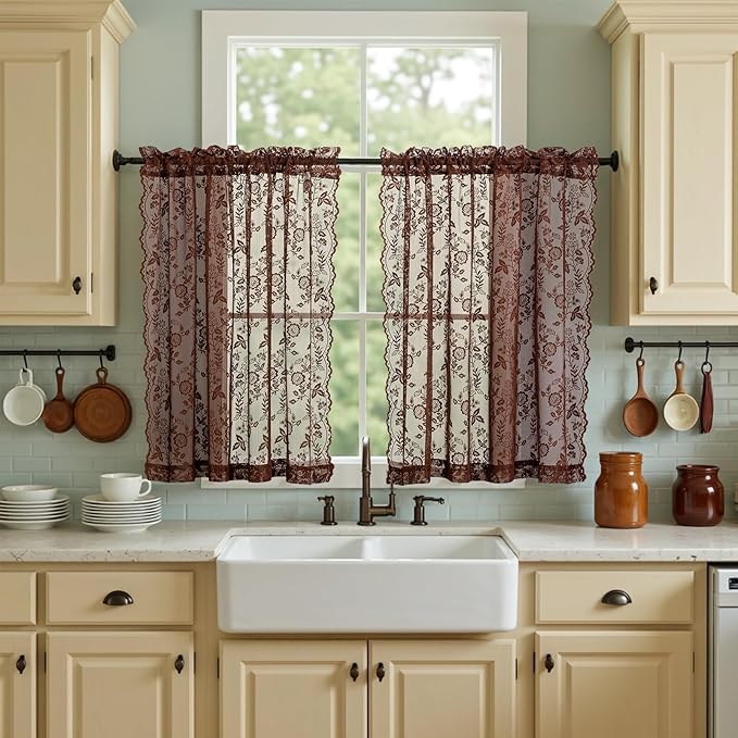 FINECITY Chestnut Brown Sheer Curtains Leaf Floral W42 x L36 Inch, 2 Panels | by FINECITY
