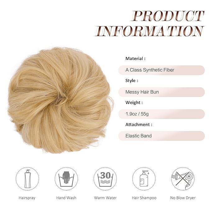 FESHFEN Messy Bun Hair Piece - Large Elastic Wavy Curly Hair Bun Scrunchies Ponytail Extensions Synthetic Chignon Hairpieces for Women, Champagne Blonde 1.94oz