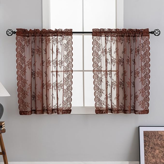 Kotile Warm Brown Sheer Kitchen Curtains Rustic Floral W42xL45 in, 2 Panels | - Image 8