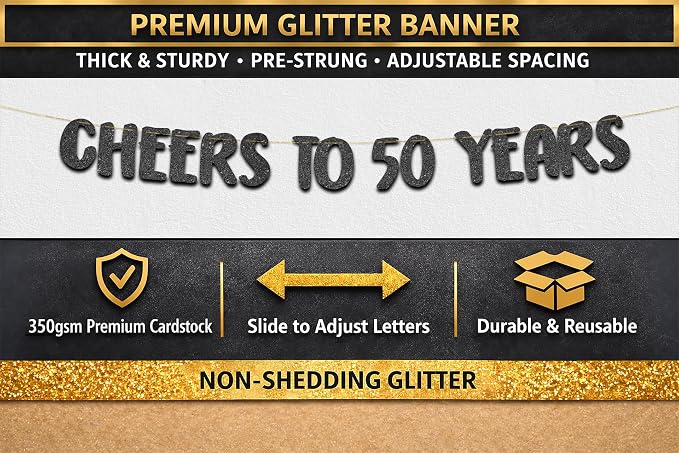 Pre-Strung Cheers to 50 Years Black Glitter Banner - Image 3