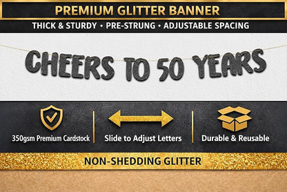 Pre-Strung Cheers to 50 Years Black Glitter Banner - Image 3