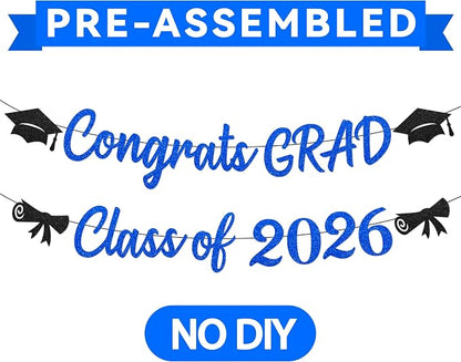 Blue Graduation Decorations 2026, Glitter Black and Blue Congrats Grad Banner - Image 6