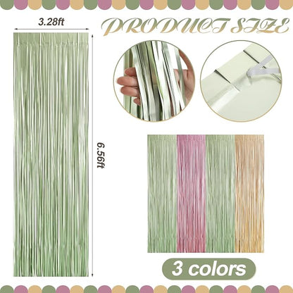 Frienda 4pcs Sage Green and Pink Party Decorations 6.6ft Fringe Curtains - Image 2