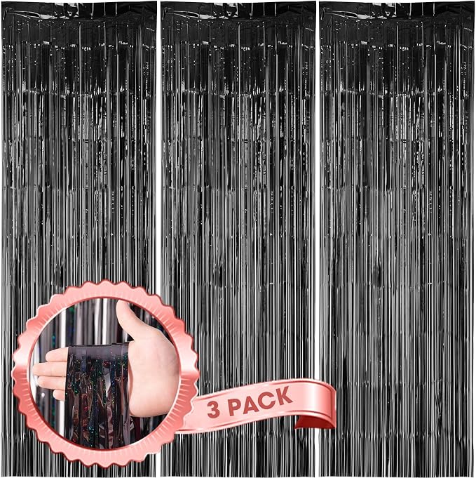 Voircoloria Laser Black Foil Fringe Backdrop Curtains, 3 Pack | Tinsel Streamers by Voircoloria