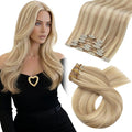 Moresoo Clip in Hair Extensions Remy Double Weft Human Hair Clip in Extensions Straight Hair Extensions for Women Dark Ash Blonde Highlight with Golden Blonde 7pcs 120g 18inch