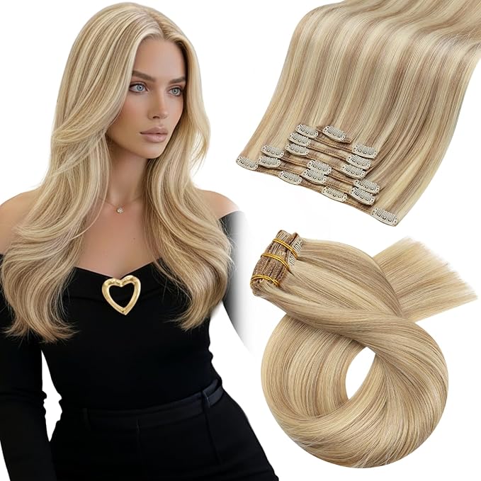 Moresoo Clip in Hair Extensions Remy Double Weft Human Hair Clip in Extensions Straight Hair Extensions for Women Dark Ash Blonde Highlight with Golden Blonde 7pcs 120g 20inch