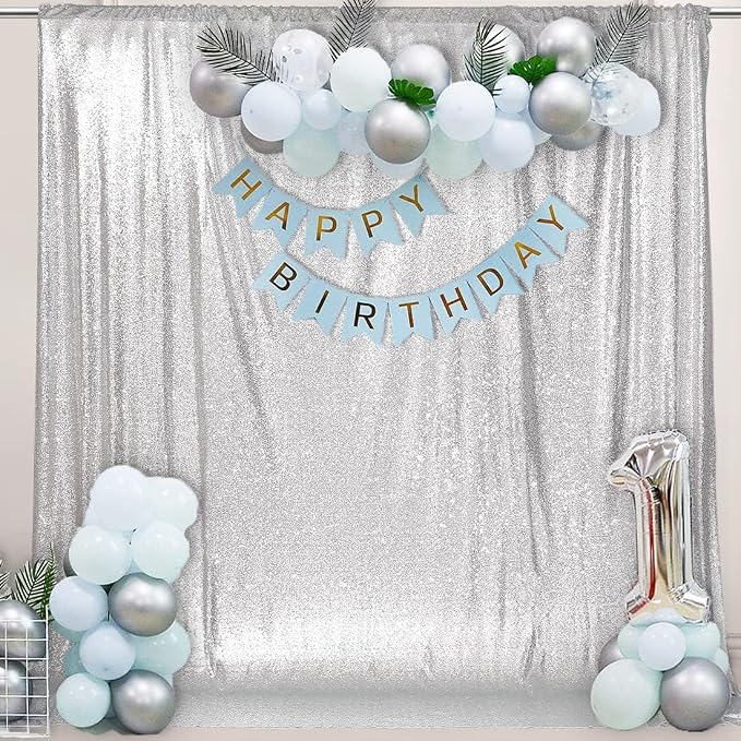 PartyDelight Silver Sequin Backdrop 6x8ft Sparkly Photo Curtain | 4 Inch Rod - Image 5