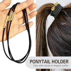 Black Extra Large Long Bracelet Hair Ties for Thick Curly Hair, 3 Pack 3mm Elastic Ponytail Holders Accessories for Women No Damage Stretchy Pony Tails Bands with Gold Metal Charms Beads