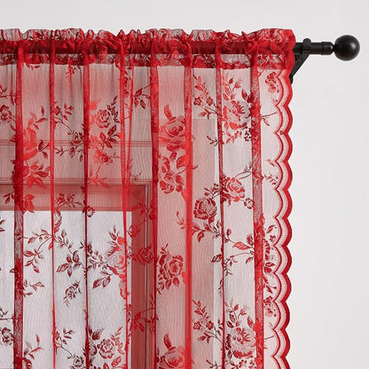 Red Lace Curtains 96 Inches Long 2 Panels Christmas Romantic Flower Sheer - Image 3