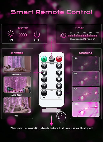Brightown 300 LED Pink Fairy Curtain Lights, 9.8ft x 9.8ft String Lights | USB - Image 6