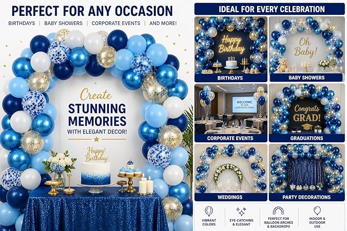Metallic Blue Balloons 12 Inch – 60 Pack Blue & Gold Balloon Kit - Image 4