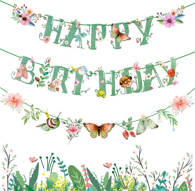 SUNBEAUTY Wildflower Happy Birthday Banner Sage Green Floral Flower Party by SUNBEAUTY