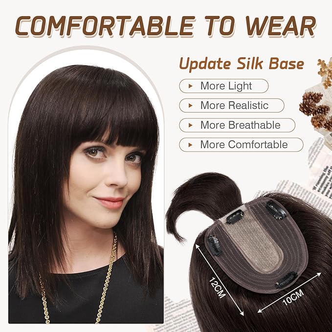 Rich Choices Real Human Hair Toppers for Women With Bang 100% Remy Human Hair Topper for Thinning Hair Clip in Silk Base Hair Topper 10 Inch #2 Dark Brown