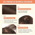 Benehair Clip in Bangs 100% Real Human Hair Extensions 360° Cover Clip on 3D Wispy Bangs for Women Topper Hairpieces for Women Dark Brown