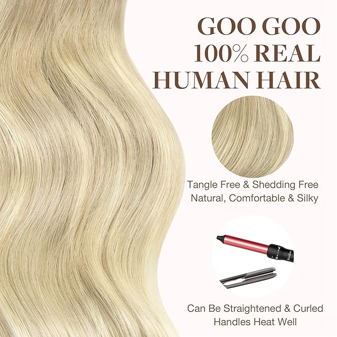 GOO GOO Tape in Hair Extensions Human Hair, 18ET90A Natural Blonde Balayage, 22inch 50g 20pcs, Skin Weft Seamless Invisible, Silky Straight with Thick Ends, Remy Human Hair