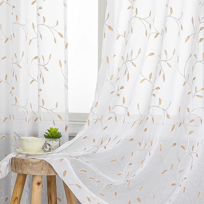 White Sheer Curtains Orange Leaf Embroidery Linen 96 Inches Long | Light by VISIONTEX