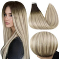 Full Shine Tape in Extensions Real Human Hair 14 Inch 20 Pcs 50 Gram Brown Fading to Ash Brown and Platinum Blonde Balayage Tape in Hair Extensions Skin Weft Hair Extensions Tape ins
