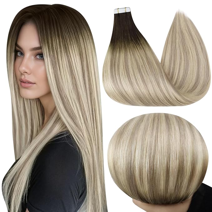 Full Shine 22 Inch Tape in Hair Extensions Color 2 Darkest Brown Fading to 18 Ash Blonde and 60 Platinum Blonde Invisible Tape in Human Hair Extensions 50G 20Pcs for Women Add Length