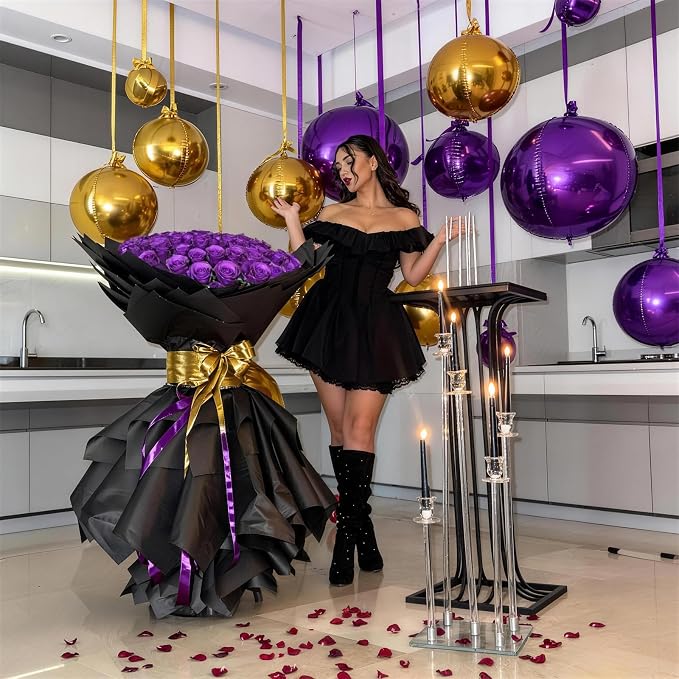 9 Pcs Purple Gold Round Foil Balloons Dark Purple Metallic Gold Chrome 4D Ball - Image 3