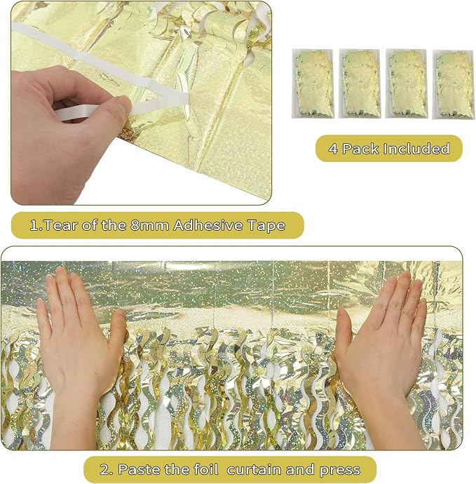 4 Pack Wavy Sparkle Champagne Gold Metallic Tinsel Foil Fringe Curtains Photo - Image 3