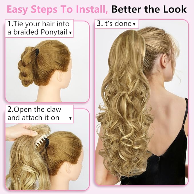 ALXNAN Ponytail Extension,24 Inch Claw Clip in Long Curly Wavy Medium Blonde with Blonde Highlights Ponytail Hair Extension Jaw Clip on Pony Tails Hairpiece for Women