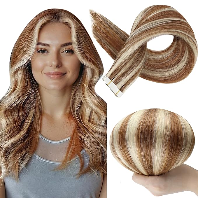 Full Shine Tape in Extensions Color 330 Copper Brown Highlighted 800 Blonde 12Inch Short Double Sided Tape in Hair Extensions Human Hair 30Gram Remy Straight Skin Weft 20Pcs for Women