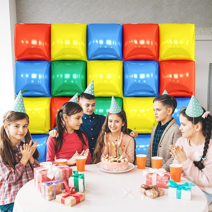 Red Yellow Blue and Green Double Sided Square Foil Balloons Wall, 19 Inches - Image 5