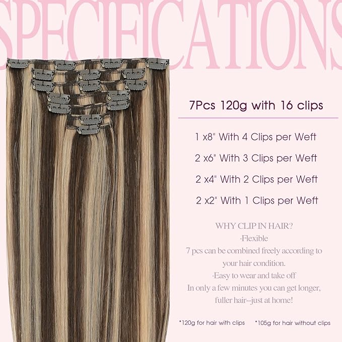 PINKPEARL Clip in Hair Extensions Human Hair 14inch 120g 7pcs Remy Human Hair Extensions Clip in #4P27 Chocolate Brown Highlighted Caramel Blonde Clip Hair Natural Human Hair(#4P27-14)
