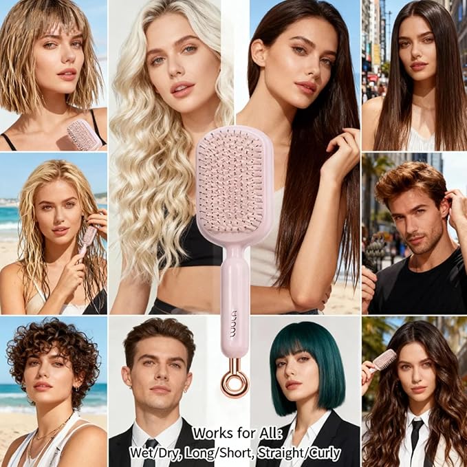 Retractable Cushion Massage Comb for Wet & Dry Hair, Anti-Static Self Cleaning Hair Brush for All Hair Types, Soft Bristles, Easy Eliminates Knots, Detangling Hairbrush for Women Men (Pink)