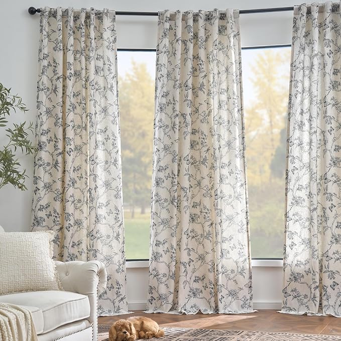 Black Floral Linen Lined Curtains Rod Pocket 50W X 63L 2 Panels | Charlotte - Image 7