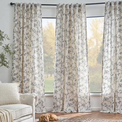 Black Floral Linen Lined Curtains Rod Pocket 50W X 84L 2 Panels | Charlotte - Image 7