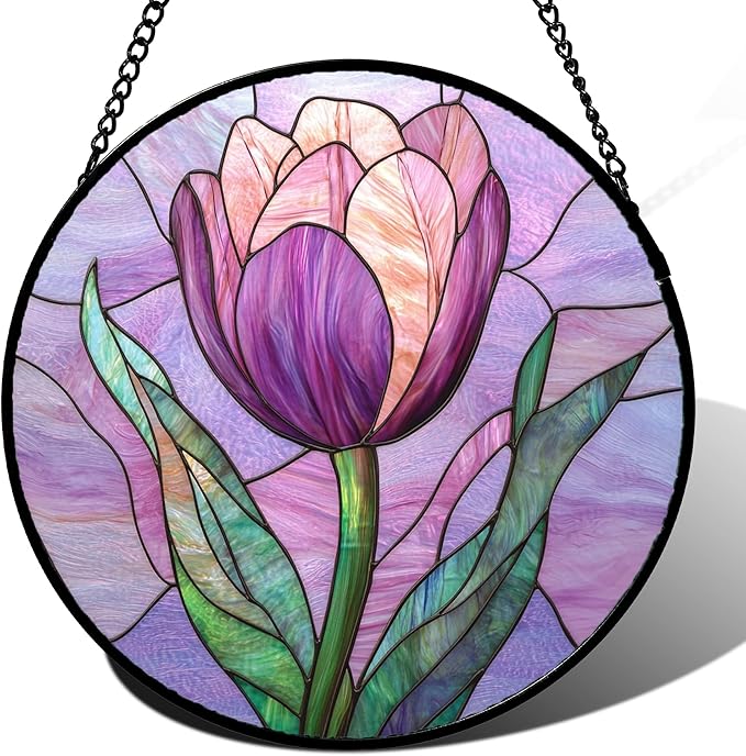 DASTOLL Stained Glass Window Hanging Purple Tulips Flower 7.8" by DASTOLL