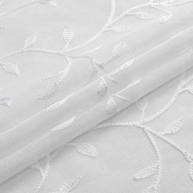 White Sheer Curtains Leaf Embroidery Linen 96 Inches Long | Light Filtering - Image 4