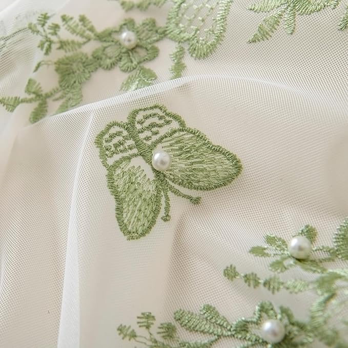 White Sheer Voile Curtains Green Embossed Butterflies 72 Inches | Light - Image 7