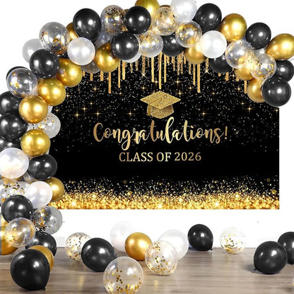 Mocsicka 8x6ft Graduation Backdrop 2026 Black and Gold Graduation Decorations - Image 6