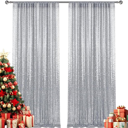 2×8FT-2PCS Silver Sequin Backdrop Curtains Panels, Photography Backdrop Glitter - Image 9