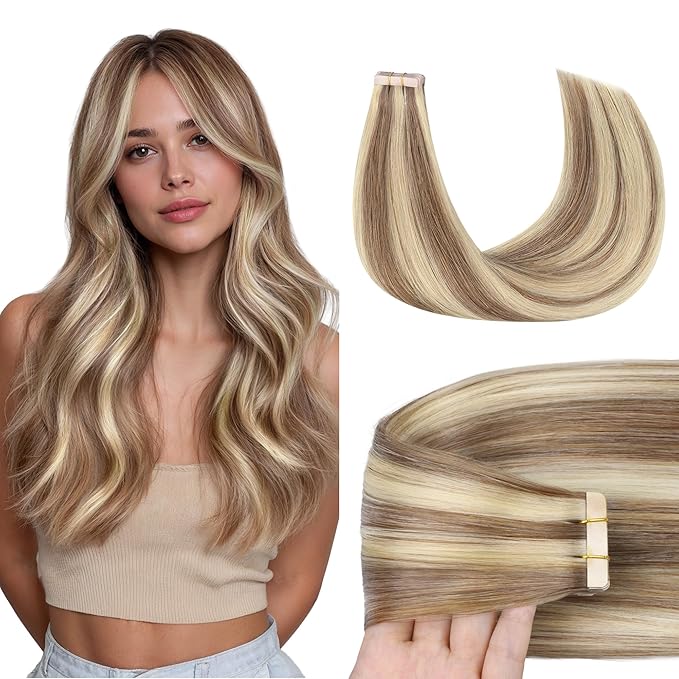 GOO GOO Tape in Hair Extensions Human Hair, 8B/60B Golden Blonde Highlights, 14inch 50g 20pcs, Skin Weft Seamless Invisible, Silky Straight with Thick Ends, Remy Human Hair
