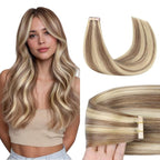 GOO GOO Tape in Hair Extensions Human Hair, 8B/60B Golden Blonde Highlights, 16inch 50g 20pcs, Skin Weft Seamless Invisible, Silky Straight with Thick Ends, Remy Human Hair