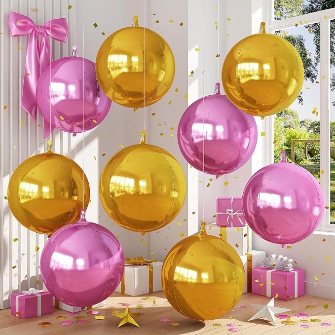 9 Pcs Pink Gold Round Foil Balloons Baby Light Pink Metallic Gold Chrome 4D by Froova